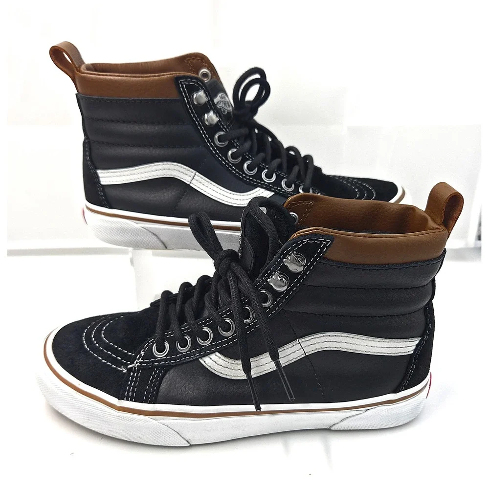 Vans Sk8-Hi MTE Black Leather Suede High Top Sneakers Brown Trim Faux Fur Lining